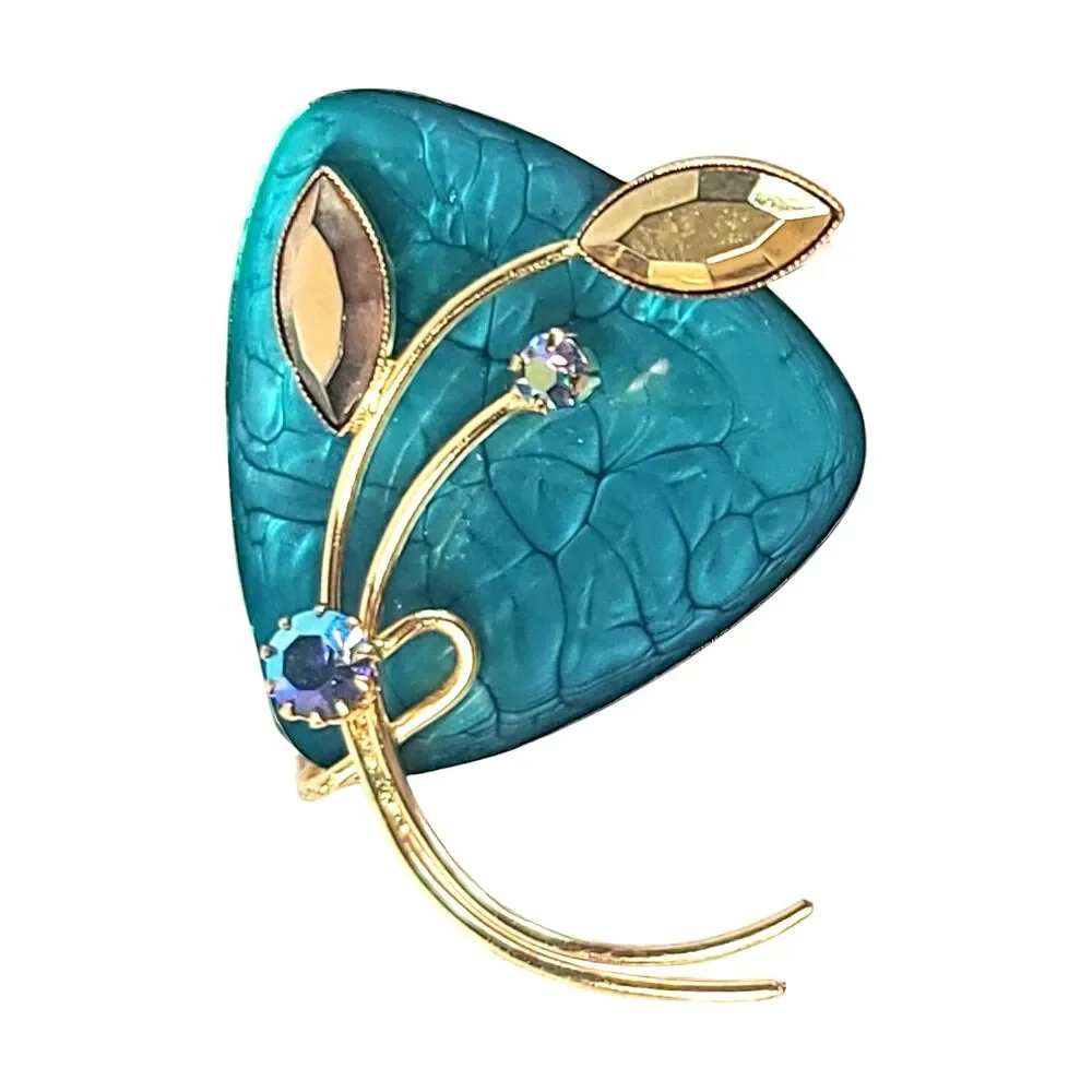 Vintage West Germany Asymmetrical AB Rhinestone Teal Metal Flower Brooch Pendant